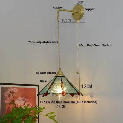 Vintage glass brass led wall sconce with pull chain featuring tiffany-style copper and stained glass shade decorbites glass brass