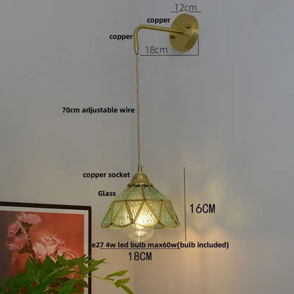 Vintage glass brass led wall sconce with green stained glass shade copper finish and adjustable wire for bedroom decorbites wall sconce