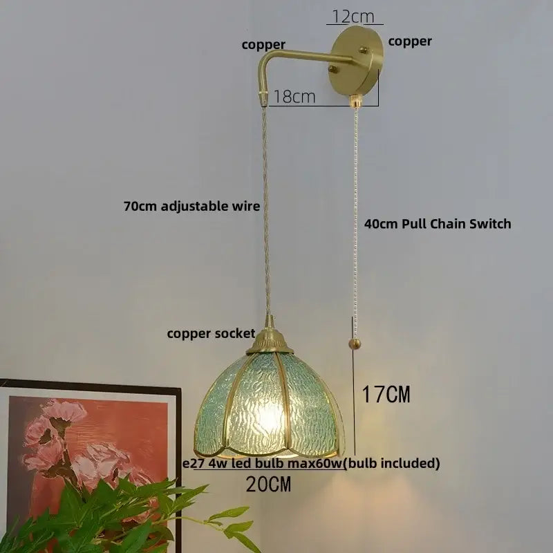 Vintage-style glass brass led wall sconce with textured green glass shade and adjustable 70cm wire by decorbites