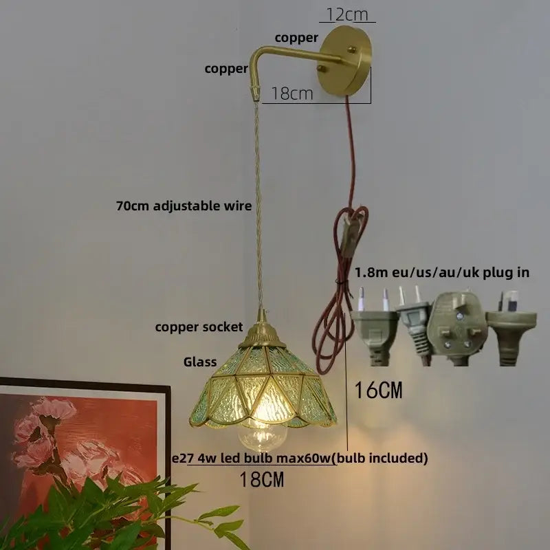 Vintage glass brass led wall sconce with copper finish and stained glass lampshade for bedroom decorbites wall sconce