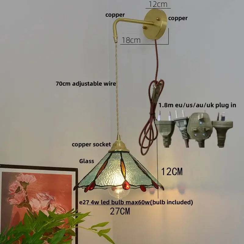 Vintage glass brass led wall sconce with a copper mount and stained glass shade in green amber red decorbites glass brass