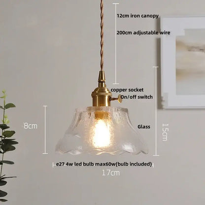 Vintage glass copper led pendant lamp with textured translucent shade and antique brass copper led pendant socket
