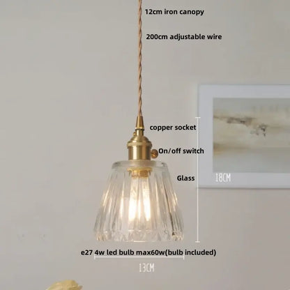 Vintage glass copper led pendant lamp with fluted clear crystal shade and brass copper led pendant socket for kitchen lighting