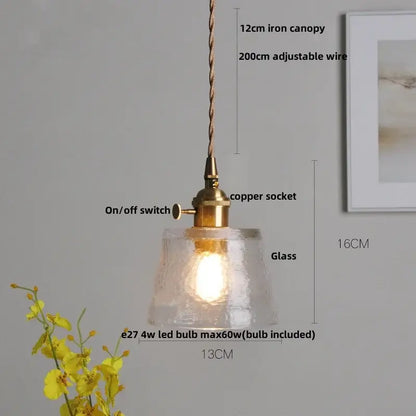 Vintage glass copper led pendant lamp with textured clear glass shade and brass-finished copper led pendant socket