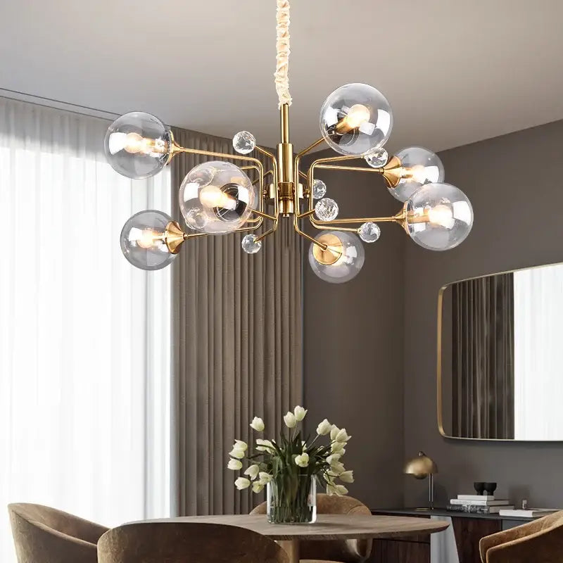 Vintage gold glass bubble chandelier with clear glass globe bulbs and crystal accents for living room decorbites glass bubble