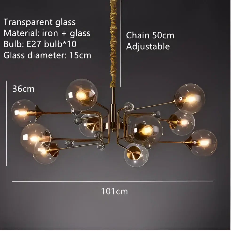 Vintage gold amber glass bubble chandelier with ten clear globe bulbs and adjustable 50cm brass-toned chain decorbites glass bubble