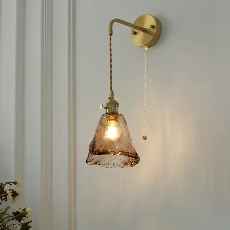 Vintage gold and amber glass LED wall light with ornate hand-blown decorbites amber vintage design for bedroom sconce