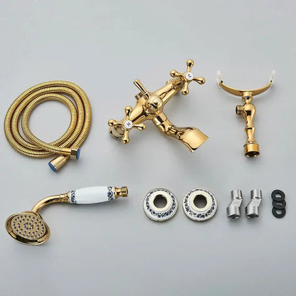 Vintage gold and black bathtub faucet set in brass with cross handles and white ceramic accents for decorbites golden black bathtub decor