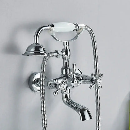 Chrome-finished vintage-style bathtub faucet with white ceramic handle and cross knobs for decorbites golden black bathtub use