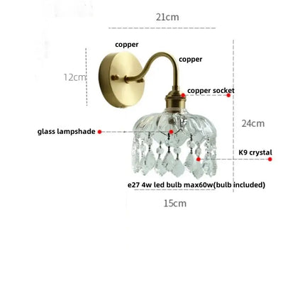Brass-finished copper wall light with faceted glass lampshade and dangling k9 crystal droplets decorbites crystal vintage