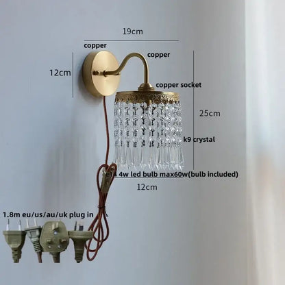 Vintage gold crystal wall light brass-finished copper sconce with cascading k9 crystal droplets and pull chain switch
