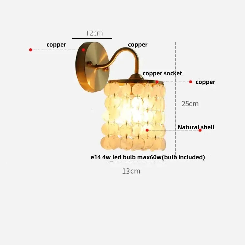 Copper wall light with cascading natural shell discs featuring a vintage gold crystal led decorbites crystal vintage style