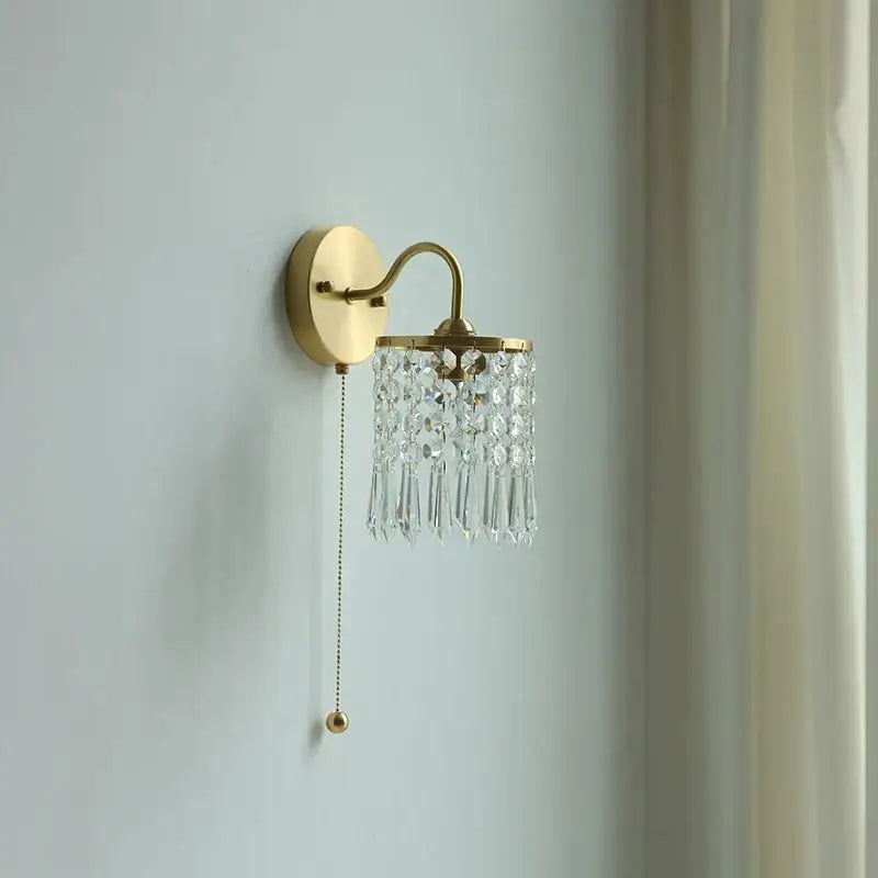 Vintage gold crystal wall light sconce with cascading clear crystal beads and pull chain switch for decorbites crystal vintage