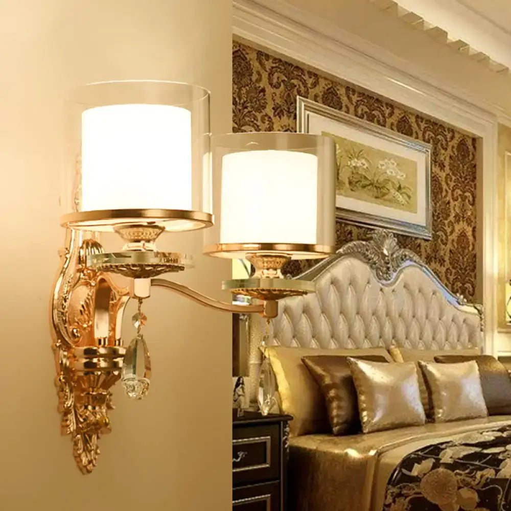 Vintage gold cylinder wall sconce with e12 e14 bulb base frosted glass shades and crystal accents fixture type bedroom light