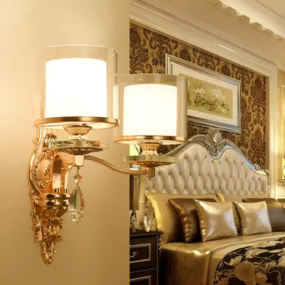 Vintage gold cylinder wall sconce with e12 e14 bulb base frosted glass shades and crystal accents fixture type bedroom light