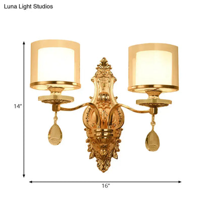 Vintage gold cylinder wall sconce with two frosted glass shades and crystal pendants compatible with e12 e14 bulb base light type