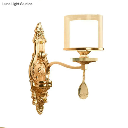Vintage gold cylinder wall sconce with e12 e14 bulb base, frosted glass shade, and crystal teardrop pendant fixture type