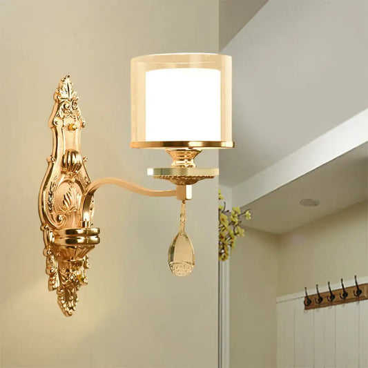 Vintage gold cylinder wall sconce with frosted glass shade crystal teardrop and e12 e14 bulb base fixture type
