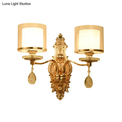 Vintage gold cylinder wall sconce with crystal pendants and frosted glass shades compatible with e12 e14 bulb base light type