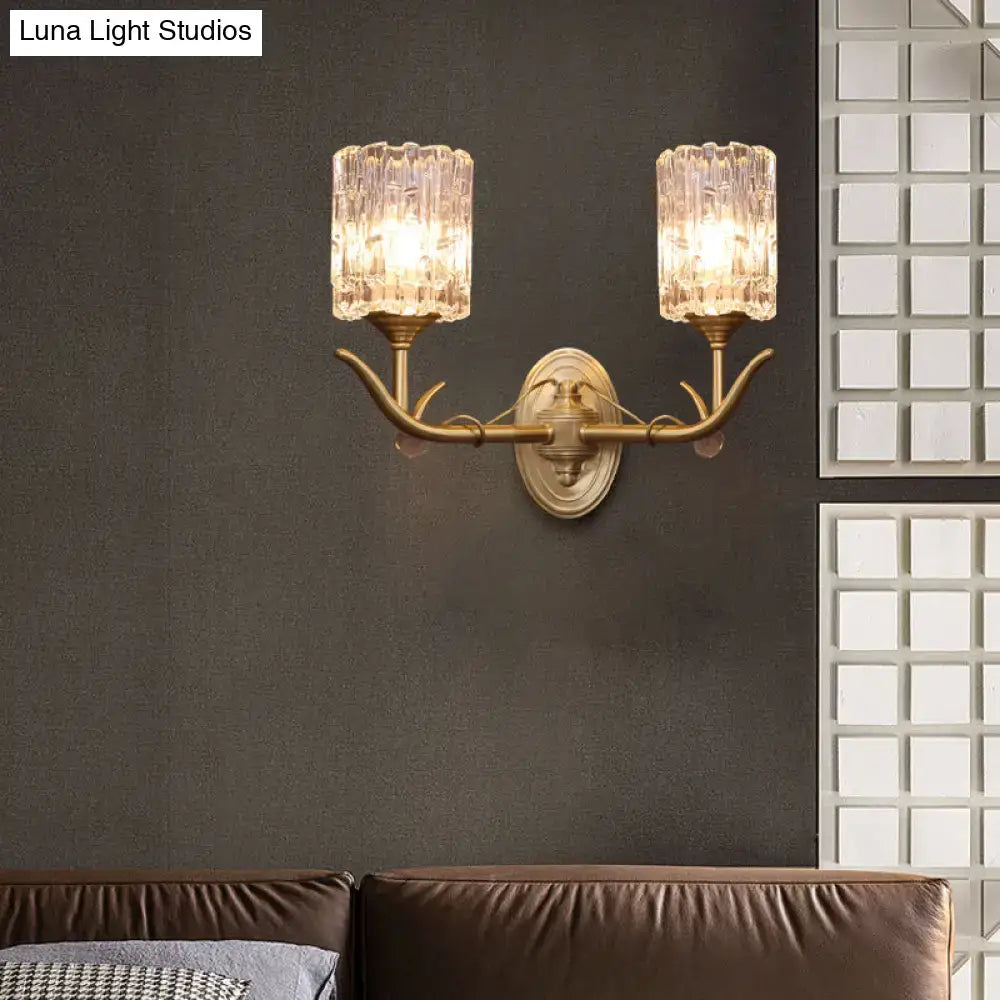 Antler-inspired brass wall sconce with gold finish and clear glass textured shades for 110v-120v corridor lighting