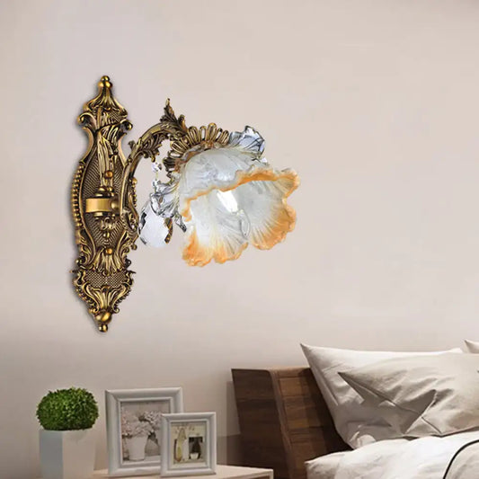 Vintage gold floral wall lamp with ornate gold tone and translucent layered glass shade for bedroom lighting 220v-240v 110v-120v
