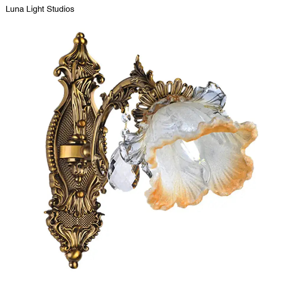 Antique brass wall lamp with vintage gold floral design and amber glass shade for 220v-240v 110v-120v use