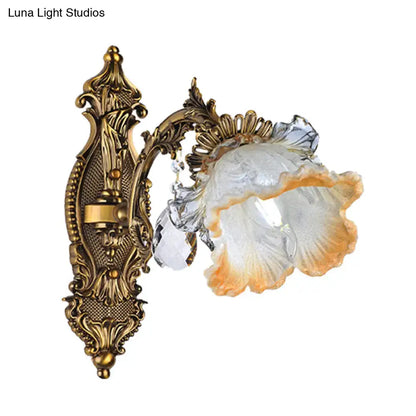 Antique brass wall lamp with vintage gold floral design and amber glass shade for 220v-240v 110v-120v use