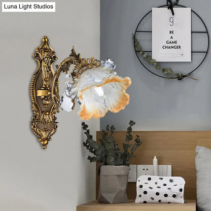 Vintage gold floral wall lamp with ornate finish and amber glass shade compatible with 220v-240v 110v-120v use