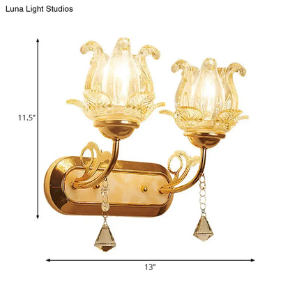 Vintage gold flower wall sconce with amber glass shade tulip shades crystal pendants and pull chain for bedroom light