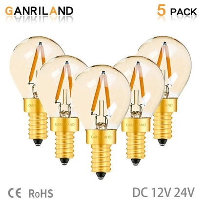 Five amber vintage-style glass led filament bulbs with gold-toned bases for outdoor camping light use