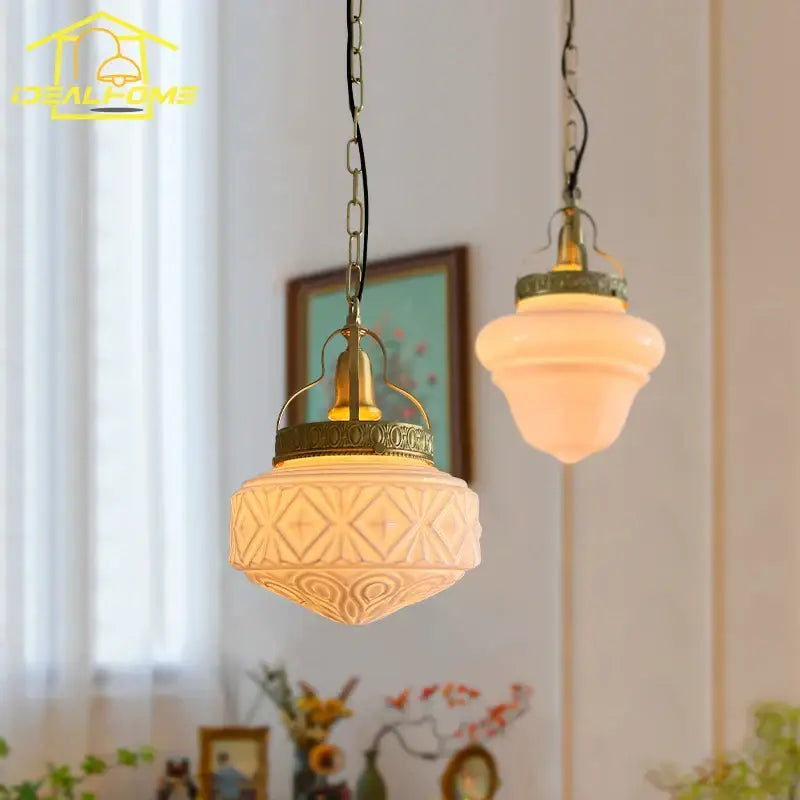 Vintage gold lustre glass pendant light with frosted embossed shade and brass chain for dining room decorbites pendant light
