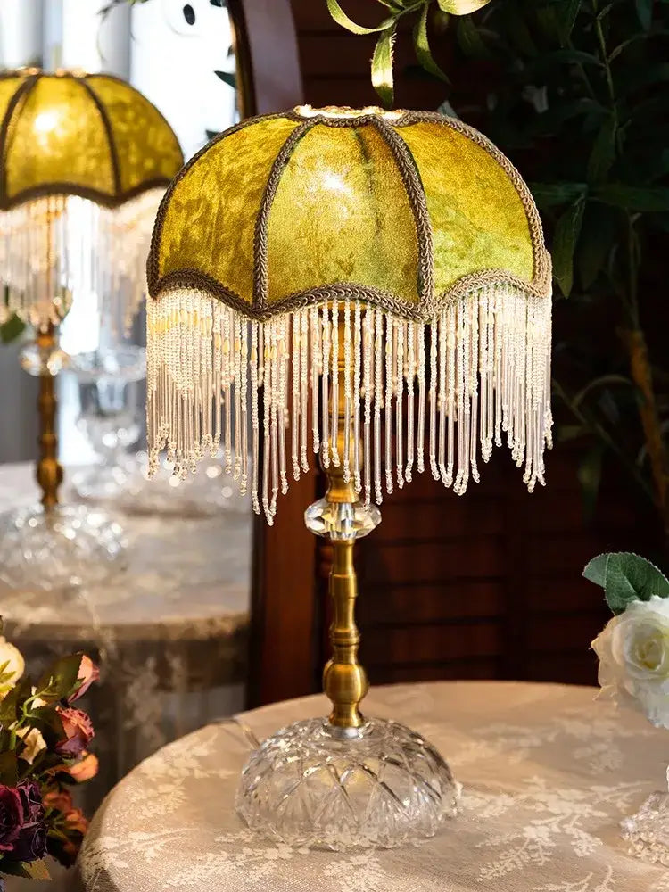 Vintage gold lustre tassel table lamp with golden-yellow velvet shade beaded fringe brass accents on crystal base decorbites gold lustre