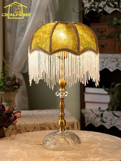 Vintage gold lustre tassel table lamp with golden fringed lampshade beaded tassels and brass base for bedroom decorbites gold lustre