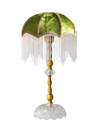 Vintage gold lustre tassel table lamp with green velvet shade, gold trim, and crystal accents for bedroom decorbites gold lustre
