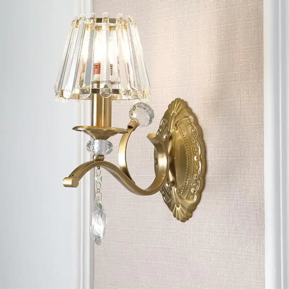 Vintage gold metallic wall lamp with crystal fringed shade and dangling crystals for bedroom lighting