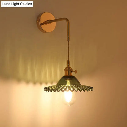 DecorBites vintage single-bulb bedside wall light with brass metal arm and olive-green shaded glass wall fixture