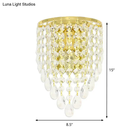 Vintage gold tapered wall mount bedroom light with clear crystal draping and a 15 inch gold finished crystal chandelier compatible with 110v-120v and 220v-240v