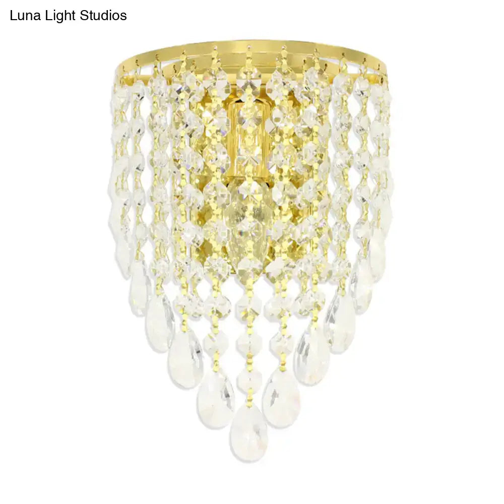Vintage gold tapered wall mount bedroom light with clear crystal draping and cascading gold-toned crystal chandelier beads 220v-240v 110v-120v
