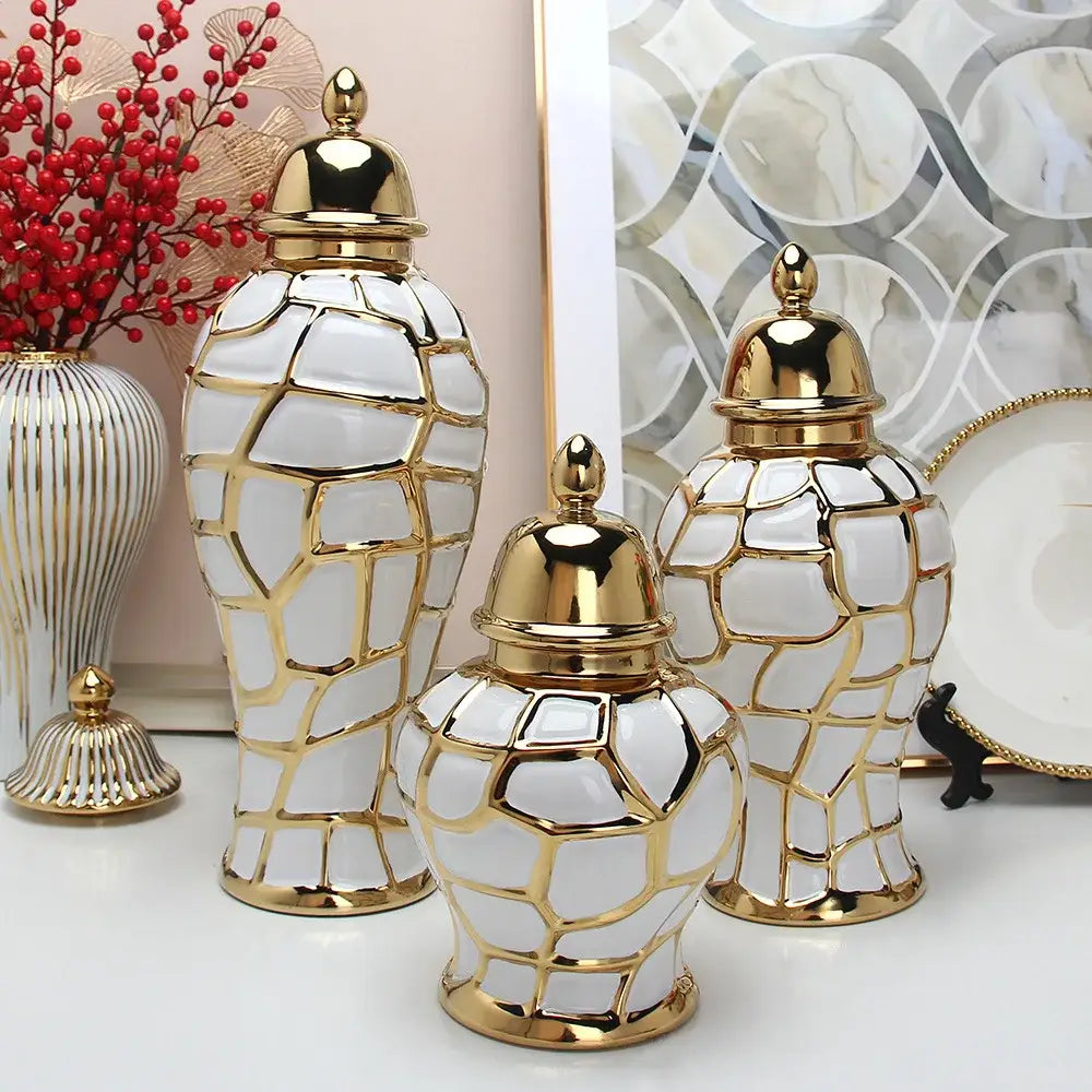White ceramic plaid ceramic general jar with gold plaid ceramic geometric patterns and golden lids for living room decorbites gold plaid