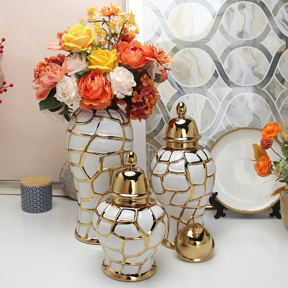 White ceramic ginger jar with gold plaid ceramic lattice detailing and polished brass lid for living room decorbites gold plaid decor