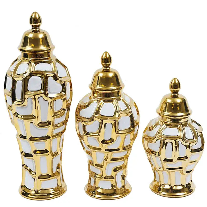 Set of three vintage gold plaid ceramic general jars in white with geometric lattice design for living room decorbites decor