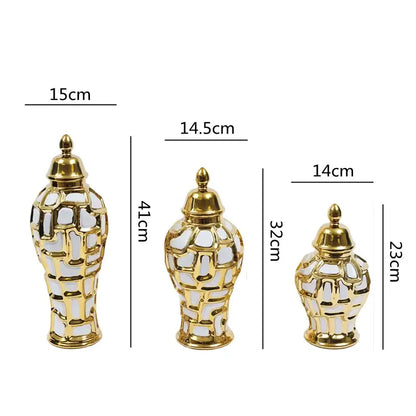 Set of three gold and white gold plaid ceramic general jars with lattice patterns for living room decorbites gold plaid decor