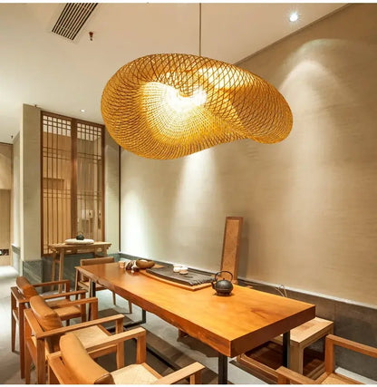 Vintage golden bamboo weave led pendant light with warm glowing illumination for dining room pendant light use