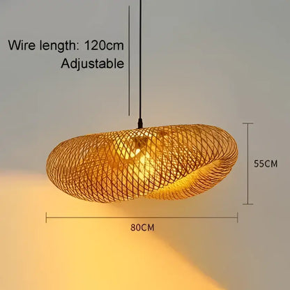 Vintage golden bamboo woven led pendant light with adjustable 120cm wire and warm glow for dining room or living room