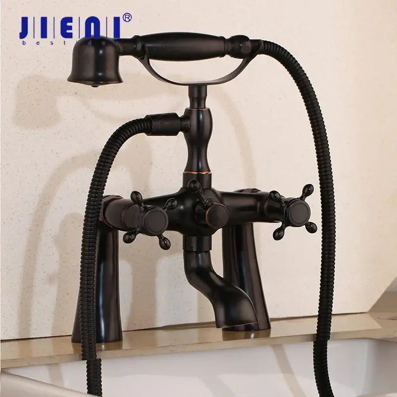 Black antique brass bathtub faucet with three cross-handle knobs and handheld floral handshower for decorbites golden bathtub decor
