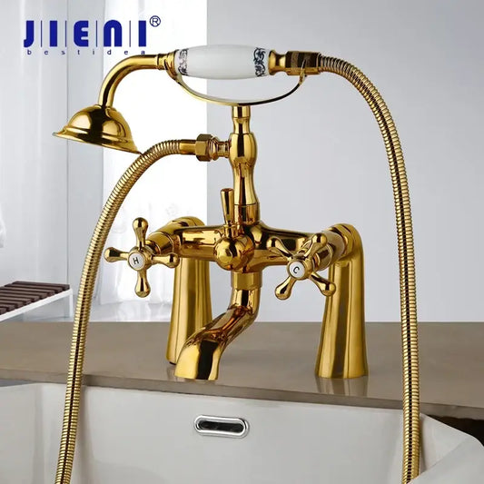 Vintage decorbites golden bathtub faucet with blue floral ceramic handle and cross knobs for hot and cold water control