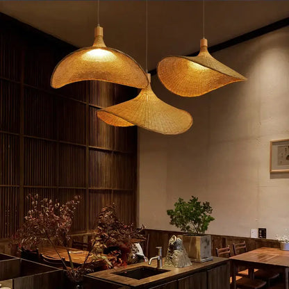 Three warm-toned vintage golden brown decorbites bamboo chandeliers led pendant lights for dining room decor