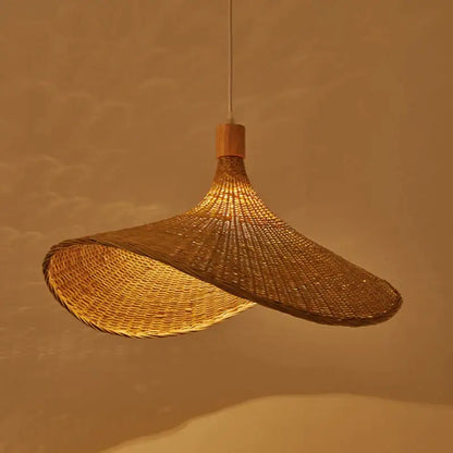 A warm-toned vintage golden brown bamboo chandeliers led pendant light with handwoven rattan and asymmetrical canopy