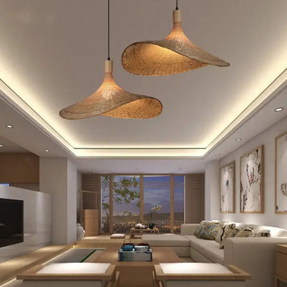 Two elegant light-brown woven bamboo chandeliers led pendant lights from decorbites for dining room decor