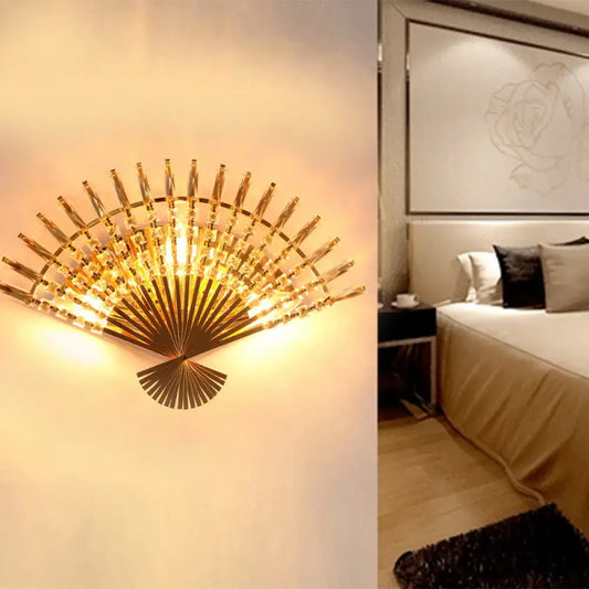 Vintage golden fan shaped sconce lamp with crystal accents for elegant living room wall lighting